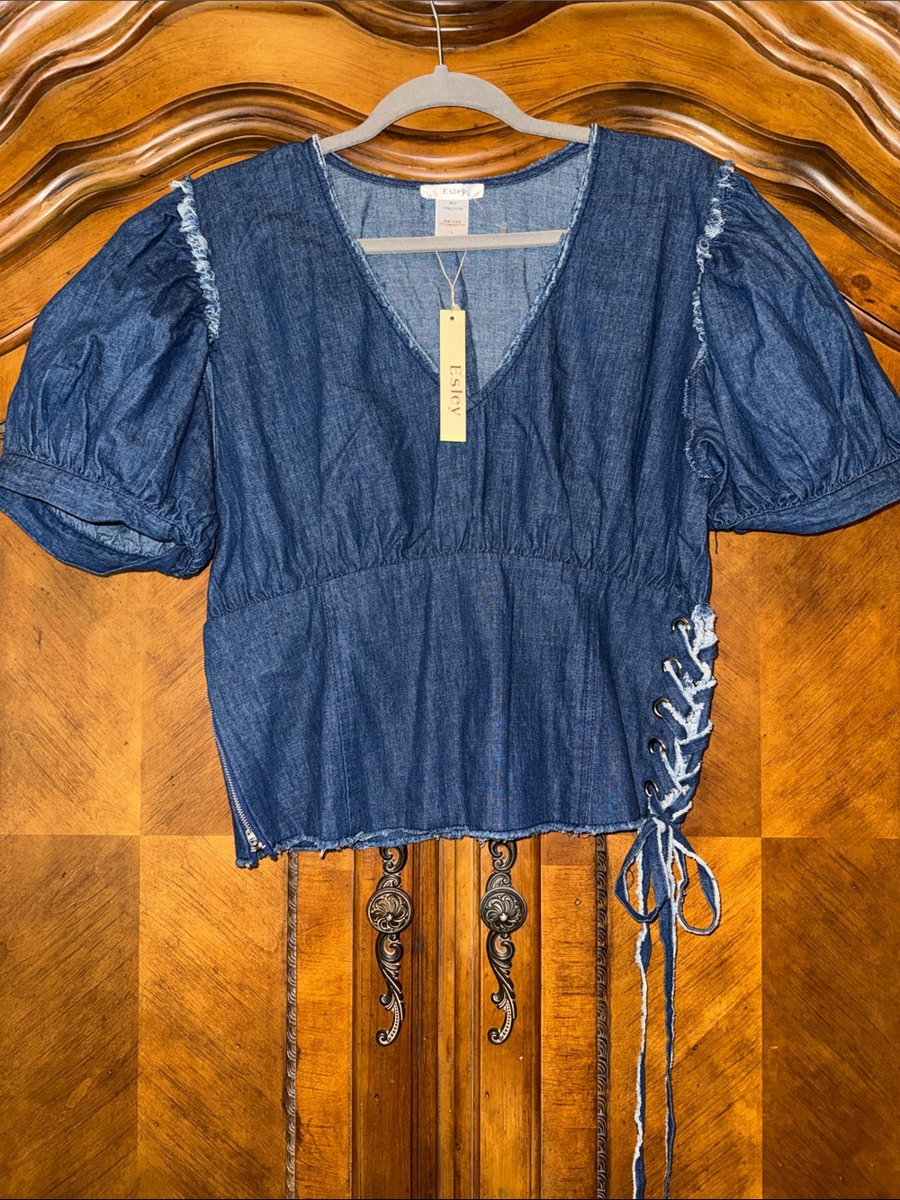 Esley Washed Blue Denim V-Neck Lace-Up Puff Sleeve Top
